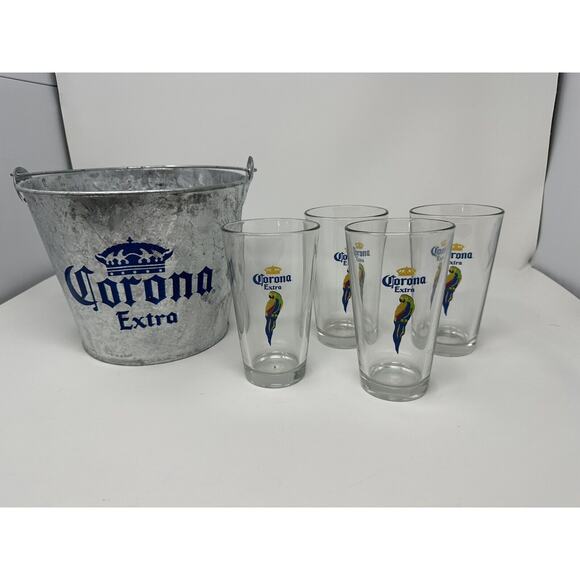 Corona Extra Gift Set Metal Ice Bucket W/(4) 16oz. Pub Glasses for Bar - Picture 1 of 3
